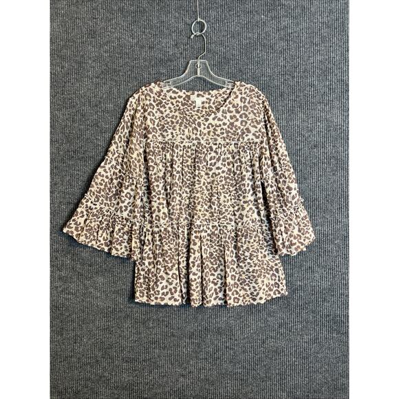Cato Womens Tiered Blouse Sz Large Leopard Print Boho Peasant Top Tunic Neutral - Picture 1 of 10